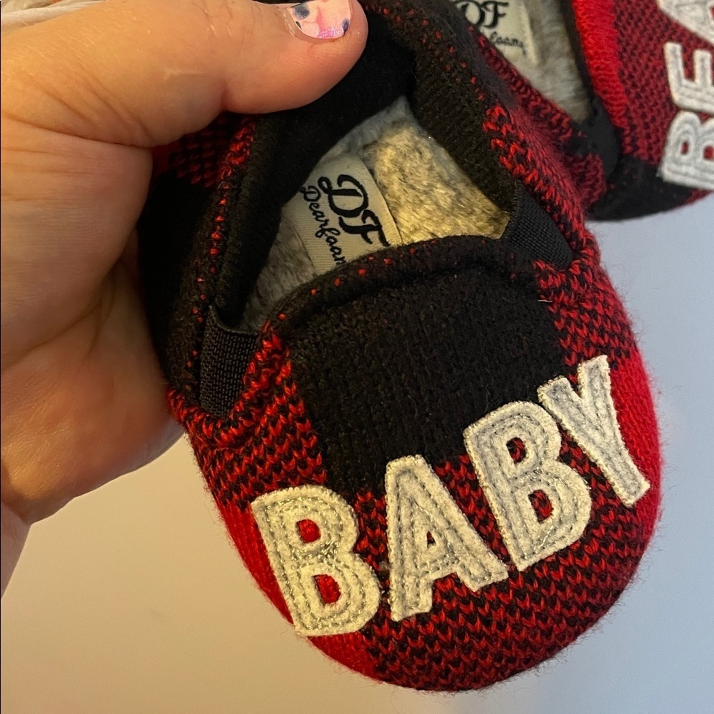 Dearfoams Memory Foam Red Black Buffalo Check Baby Bear Limited Edition Slippers - Picture 2 of 16